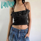 Lunivop Bandage Hollow Out Denim Tank Top Women Retro Black Washed Babes Strap Vest Halter Sexy